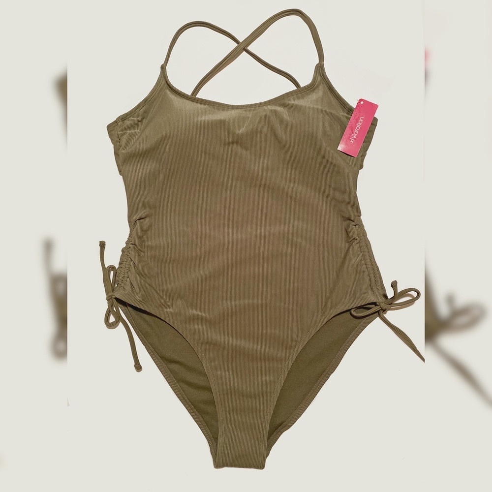 Xhilarations Olive Ribbed One Piece Swimsuit